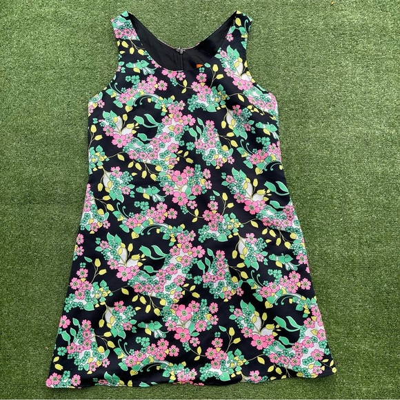Vintage Voom Joy Han Black Floral Retro Sleeveless Dress Fit & Flare med - Picture 1 of 5
